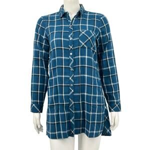 J Jill Top Women XS Blue Button Up Tunic Plaid Pockets Western‎ Country Travel